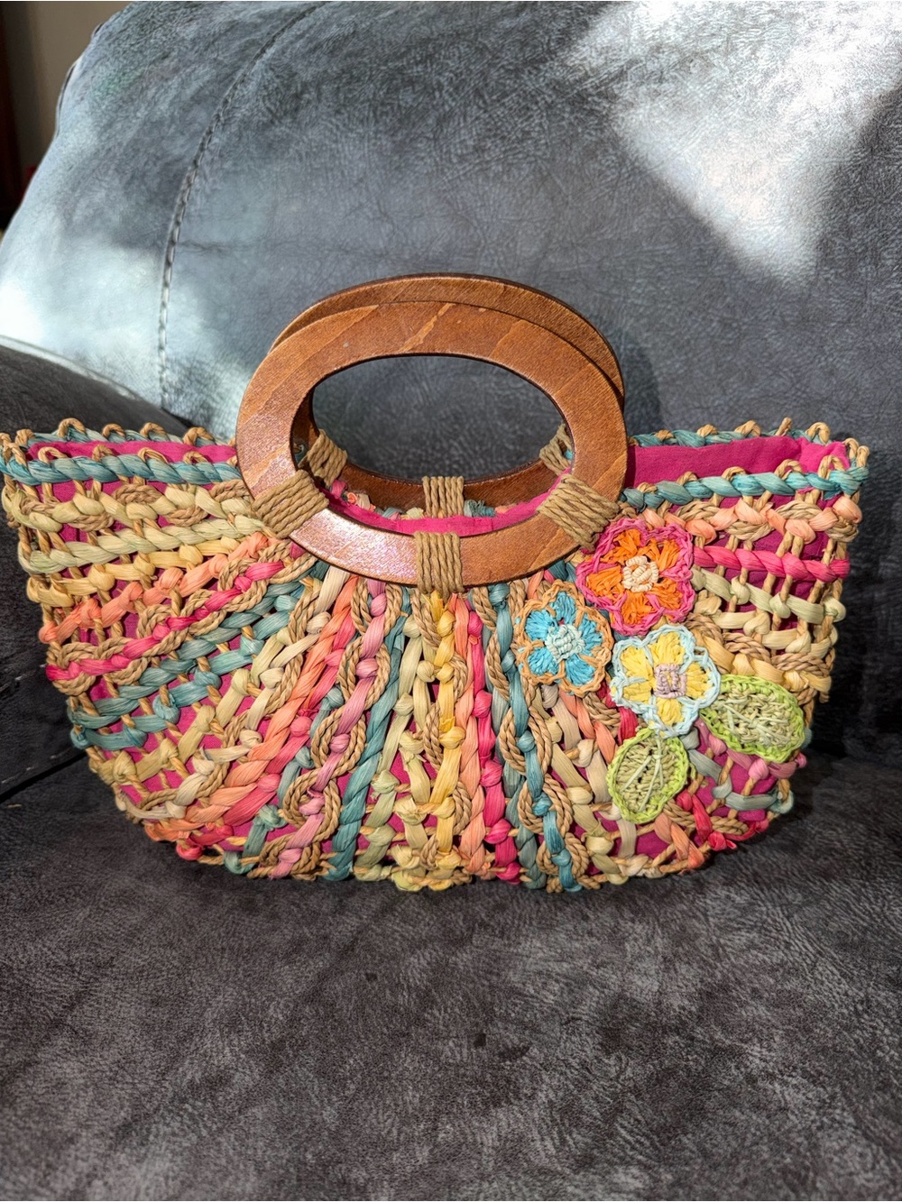 Capelli of New York Multicolor Woven Straw Tote with Wooden Handles